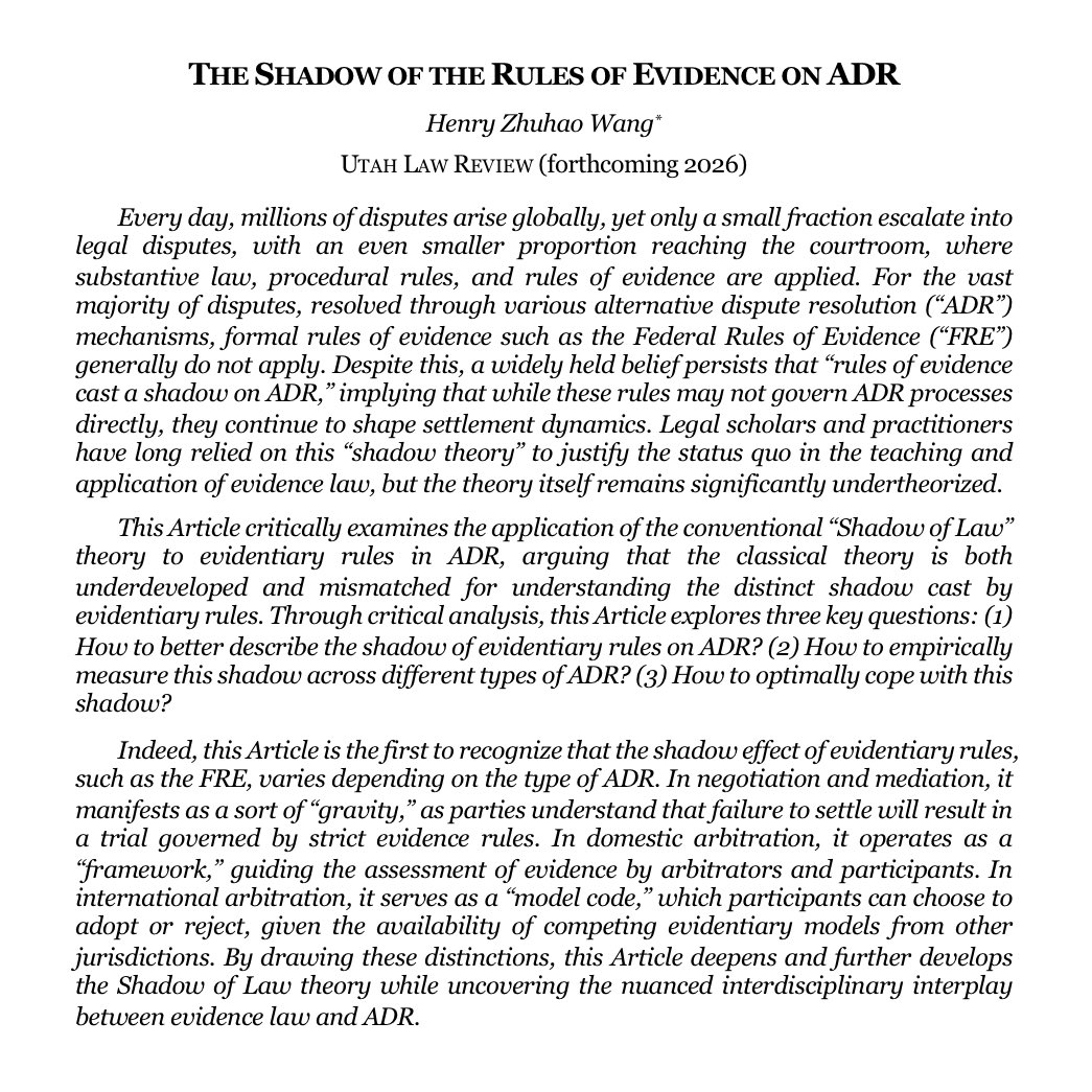 Henry Zhuhao Wang (@zhuhwang) on Twitter photo Excited to share that my second article this cycle, “The Shadow of the Rules of Evidence on ADR,” is now forthcoming in the <a href="/UtahLawReview/">Utah Law Review</a>! A draft is now up on SSRN: papers.ssrn.com/sol3/papers.cf…. Comments much appreciated! Excited to share that my second article this cycle, “The Shadow of the Rules of Evidence on ADR,” is now forthcoming in the <a href="/UtahLawReview/">Utah Law Review</a>! A draft is now up on SSRN: papers.ssrn.com/sol3/papers.cf…. Comments much appreciated!