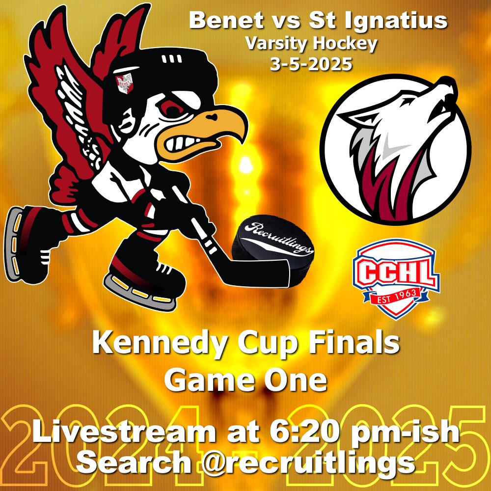 Benet vs St Ignatius CCHL Kennedy Cup Game One on Wednesday March 5th. Livestream begins around 6:20 pm-ish for those that can’t make the game in person. Game link is in our bio.