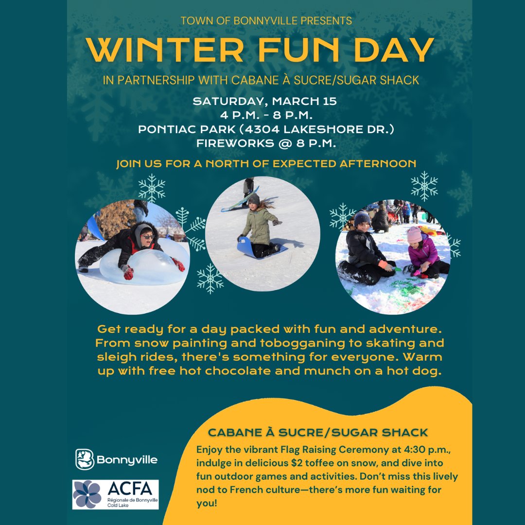 Cold or Cozy, It’s Time for Fun! ❄️
Get ready, Bonnyville! Tomorrow, we’re bringing the excitement to Pontiac Park from 4–8 p.m. Enjoy an afternoon of outdoor activities, warm up with free hot dogs &amp; hot chocolate, and cap it all off with fireworks! 🎆