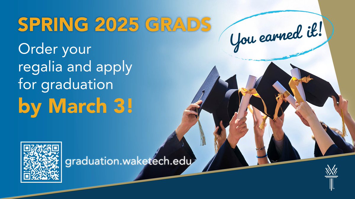 waketechcc's tweet image. [Students] - Are you on track to graduate and walk across the stage during Spring Commencement?

Today is the last day to order your regalia and apply for graduation.

More: bit.ly/4jsdJfY
