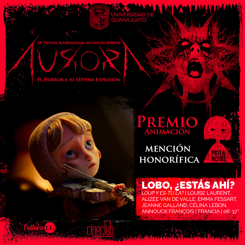Ganadores del #Aurora20
CATEGORÍA ANIMACIÓN - Premio Prita Noire
Primer lugar: Candice (Francia
Segundo lugar: Wolf's Box (Turquía)
Tercer lugar: Along the Depths (Francia)
Mención Honorífica: Lobo, ¿estás ahí? (Francia)
<a href="/cineclubug/">Cine Club UG</a>
<a href="/CulturaUG/">Cultura UG</a>
<a href="/UdeGuanajuato/">Universidad de Guanajuato</a>