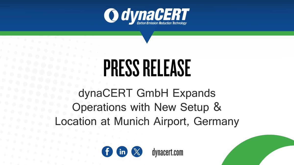 #NewsRelease! 👇

dynaCERT GmbH Expands Operations with New Setup &amp; Location at Munich Airport, Germany

Full details on our expansion here: bit.ly/43jhQFo

$DYA $DYFSF