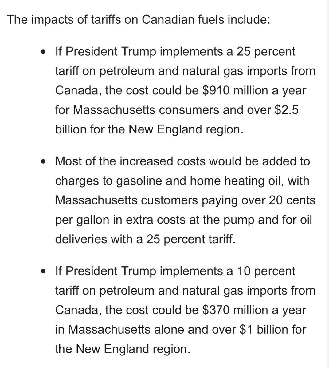 INBOX: <a href="/MassGovernor/">Governor Maura Healey</a> issues statement reiterating her opposition to <a href="/POTUS/">President Donald J. Trump</a>’ proposed tariffs, warning a 25 percent tariff on petroleum and gas imports from Canada could drive gas prices up by 20 cents (or more) per gallon #mapoli