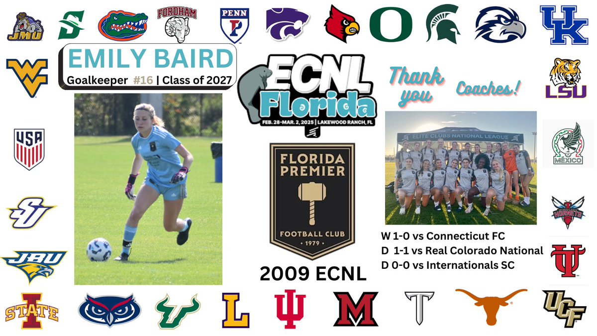 Our team ended #ECNLFL undefeated with 1 win, 2 draws, 2 shutouts and only 1 goal allowed.  Thanks to all the coaches that came to watch my teammates! #2027Goalkeeper 

<a href="/florida_premier/">Florida Premier F.C</a> <a href="/ECNLgirls/">ECNL Girls</a> <a href="/ImYouthSoccer/">ECNL/GA/Recruiting/College Soccer</a> <a href="/TheSoccerWire/">SoccerWire</a> <a href="/TopDrawerSoccer/">TopDrawerSoccer</a> <a href="/PrepSoccer/">Prep Soccer ⚽️</a> <a href="/USYNT/">U.S. Soccer YNT</a> <a href="/ugkalliance/">@unitedgkalliance</a>
