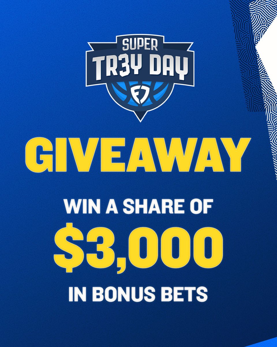 FanDuel Sportsbook (@fdsportsbook) on Twitter photo ๐จ GIVEAWAY ๐จ
To celebrate Super Trey Day, we're giving away $300 in Bonus Bets to 10 lucky winners! ๐ฐ
For a chance to win:
1๏ธโฃ REPOST
2๏ธโฃ FOLLOW <a href="/FDSportsbook/">FanDuel Sportsbook</a>
3๏ธโฃ REPLY with #SuperTreyDay
Winners will be chosen on 3/10.
Rules: linktr.ee/FanDuel ๐จ GIVEAWAY ๐จ
To celebrate Super Trey Day, we're giving away $300 in Bonus Bets to 10 lucky winners! ๐ฐ
For a chance to win:
1๏ธโฃ REPOST
2๏ธโฃ FOLLOW <a href="/FDSportsbook/">FanDuel Sportsbook</a>
3๏ธโฃ REPLY with #SuperTreyDay
Winners will be chosen on 3/10.
Rules: linktr.ee/FanDuel
