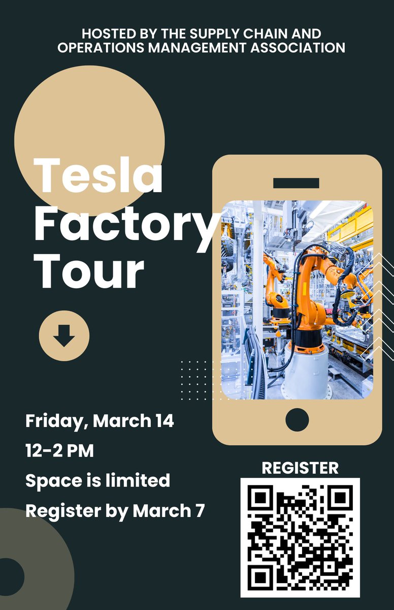 The Supply Chain and Operations Management Association is hosting a factory visit to Tesla for Friday, March 14 from 12-2 PM.

Register by March 7: forms.gle/qxdPRcyeb8rbKY…