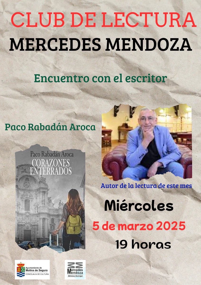 El Club de lectura Mercedes Mendoza se encontrará con Paco Rabadán Aroca, autor de la lectura de este mes, "Corazones enterrados"