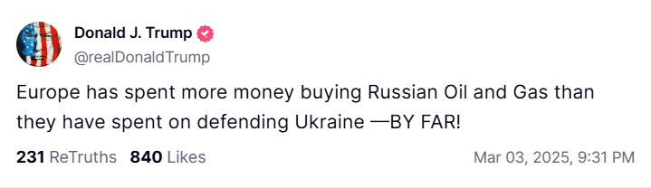 Trump:

Europe has spent more money buying Russian Oil and Gas than they have spent on defending Ukraine —BY FAR!