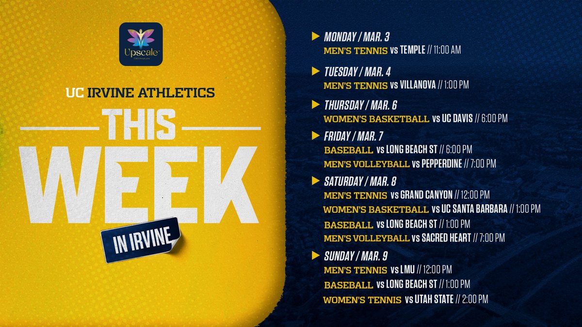 UCIAthletics's tweet photo. It's BUSY in Irvine this week! Mark your calendars, grab your gear, and let's pack the house!
ποΈ | https://t.co/EHCyfKd4YC
#TogetherWeZot | #ThisWeekInIrvine https://t.co/EYWJHu8eIp