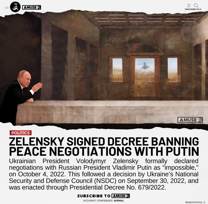 Ukrainian President Volodymyr Zelensky formally declared negotiations with Russian President Vladimir Putin as impossible, on October 4, 2022. This followed a decision by Ukraine’s National Security and Defense Council (NSDC) on September 30, 2022, and was enacted through Presidential Decree No. 679/2022.