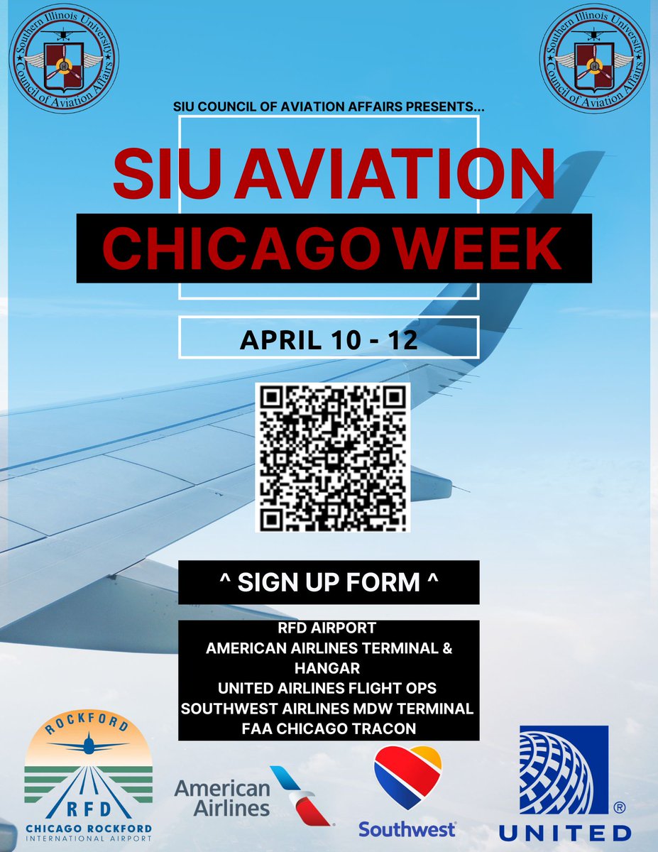 Attention SIU Aviation Students:
Join us for the SIU Aviation Chicago Week Tours! Explore various airport facilities, including United, American, SW Airlines and the FAA TRACON Radar Facilities.
#SIUAviation #ChicagoWeekTours #aviationcareer
*Use the QR code to sign up to go!