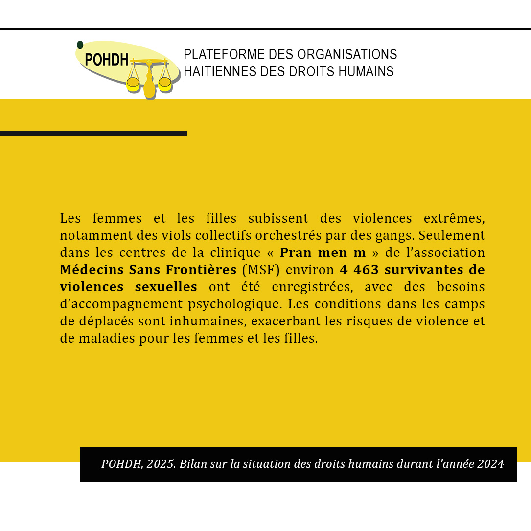Face à l'insécurité et aux violences qui sévissent en Haïti, les femmes et les filles vivent une situation particulièrement précaire.
#pohdh
#bilan2024
#DroitsHumains