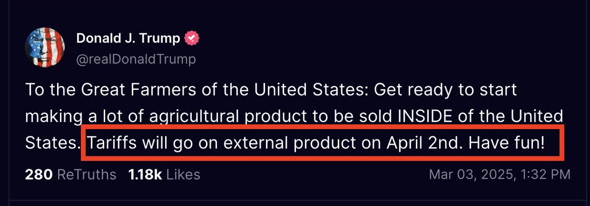 BREAKING: US equity markets extend losses as President Trump says "tariffs will go on external product on April 2nd."

Trump says farmers should get ready to sell product inside the US.