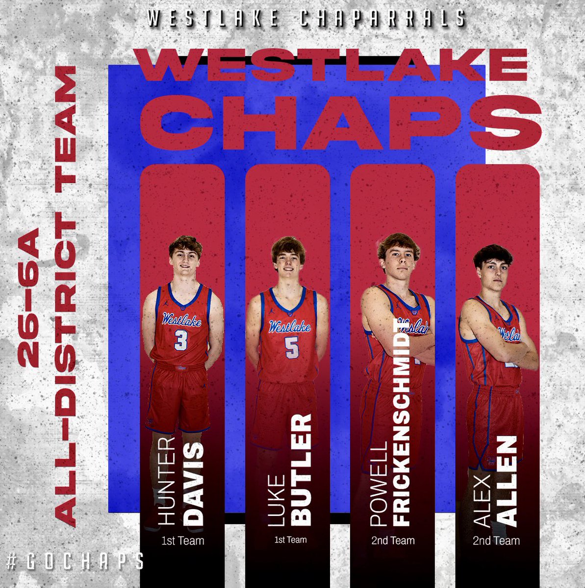 Men’s Basketball has four Chaps named to the 26-6A All-District Team. Hunter Davis and Luke Butler earned spots on the 1st Team. Powell Frickenschmidt and Alex Allen were selected to the All-District 2nd Team. Congratulations on a fantastic season. #GoChaps