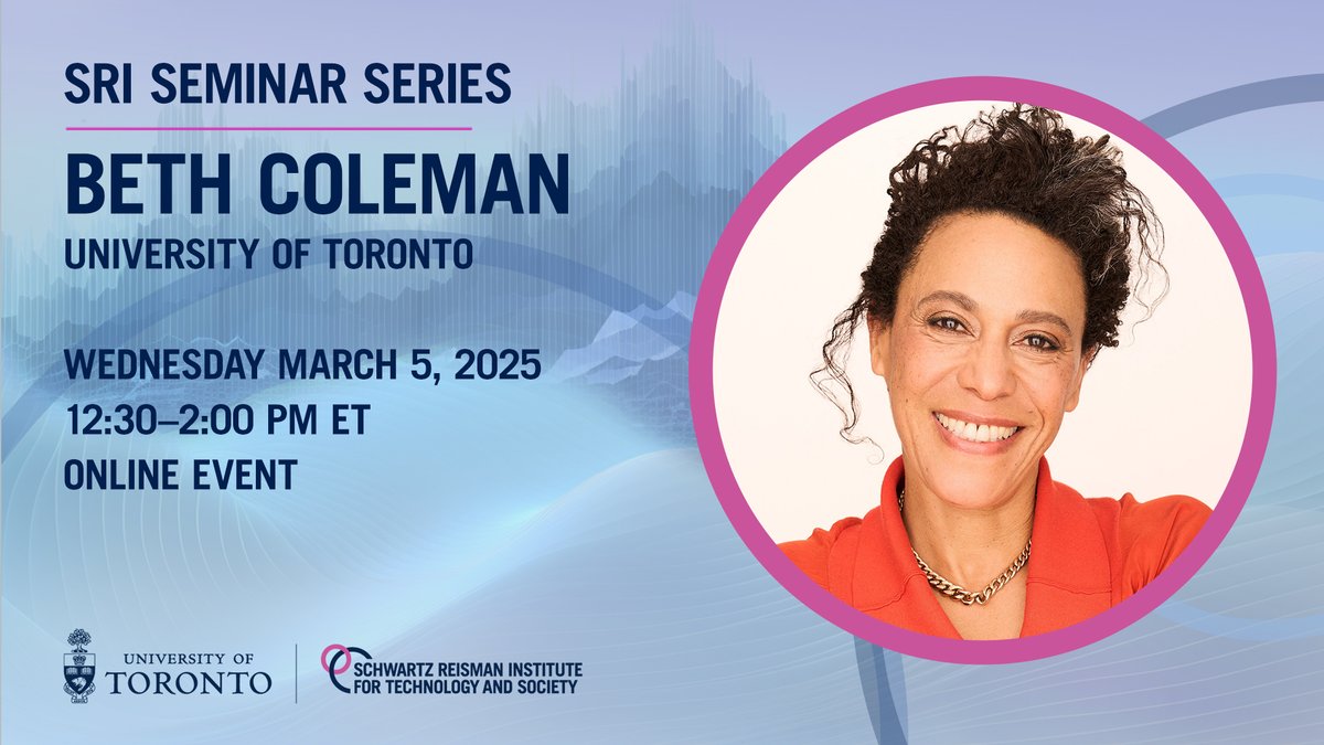 Schwartz Reisman Institute (@torontosri) on Twitter photo 📢 Join us on March 5 for the SRI Seminar Series with guest speaker <a href="/drbethcoleman/">beth coleman</a>, associate professor of data and cities <a href="/UofT/">University of Toronto</a>! Her talk will explore trust, ethics, and the societal impact of machine learning. Q&A to follow. 🔗 Register: eventbrite.ca/e/sri-seminar-… #AI #TechTalk 📢 Join us on March 5 for the SRI Seminar Series with guest speaker <a href="/drbethcoleman/">beth coleman</a>, associate professor of data and cities <a href="/UofT/">University of Toronto</a>! Her talk will explore trust, ethics, and the societal impact of machine learning. Q&A to follow. 🔗 Register: eventbrite.ca/e/sri-seminar-… #AI #TechTalk