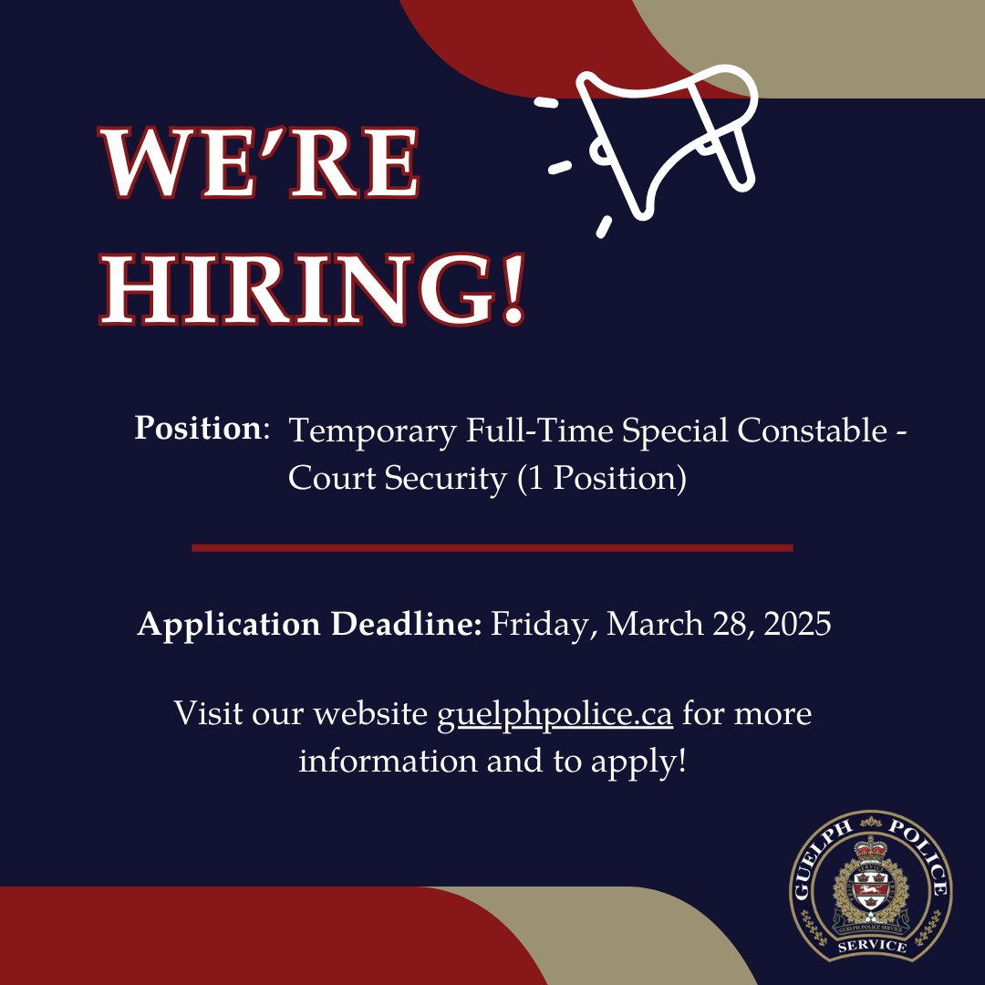 Guelph Police Service (@guelphpolice) on Twitter photo Join our team! We are accepting applications for the position of Temporary Full-Time Special Constable - Court Security. Visit our website for more information and to apply! #Guelph Join our team! We are accepting applications for the position of Temporary Full-Time Special Constable - Court Security. Visit our website for more information and to apply! #Guelph