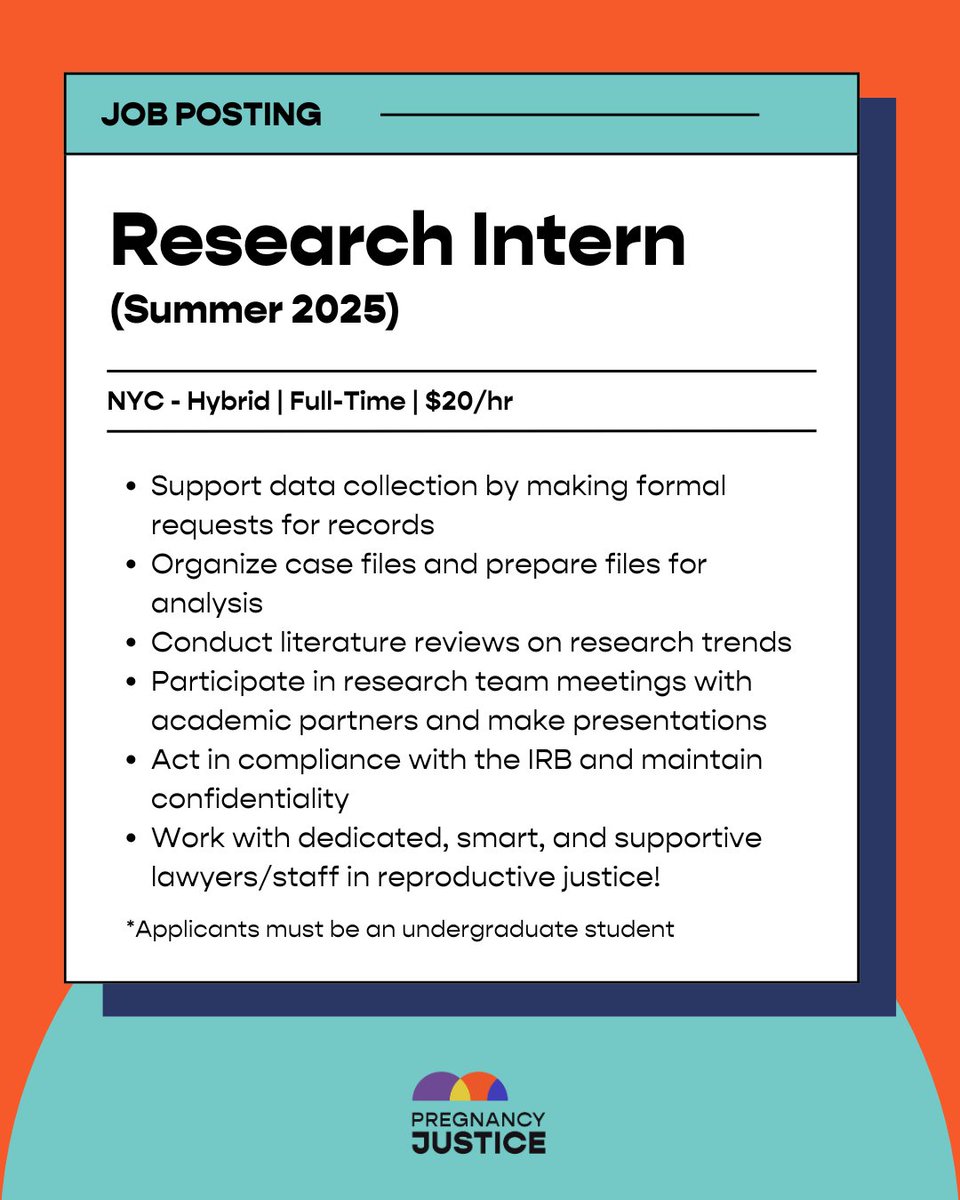 Join our fight to advance and defend the rights of pregnant people as a summer intern! 

Apply by March 14: pregnancyjusticeus.org/careers/