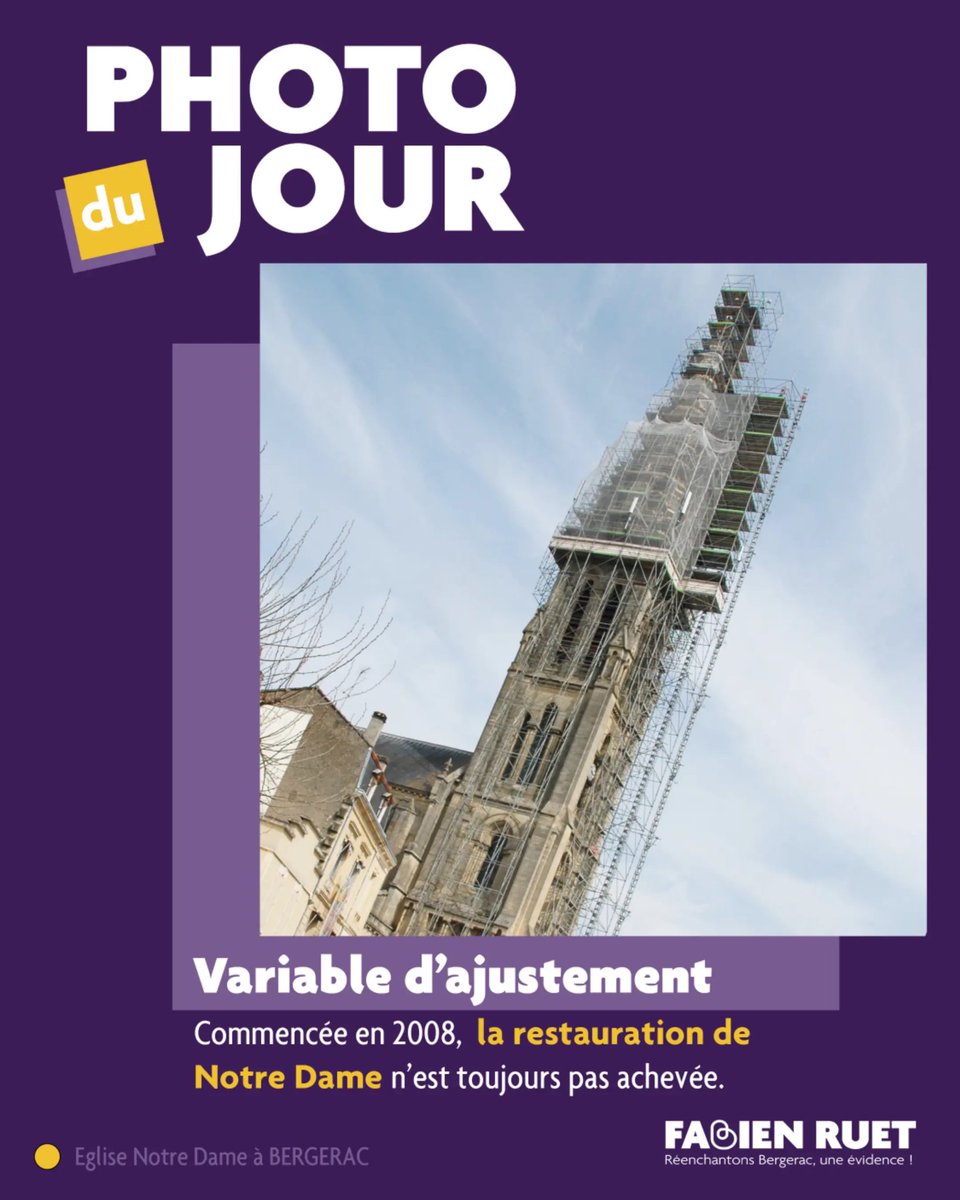 [PHOTO 📸]

N'est pas Notre Dame de Paris qui veut... interminable chantier à #Bergerac, commencé en 2008 . 

Aujourd'hui à l'arrêt pour financer notamment la Place de la République.  Faudra-t-il plus de temps pour restaurer #NotreDame de Bergerac que pour la construire ?