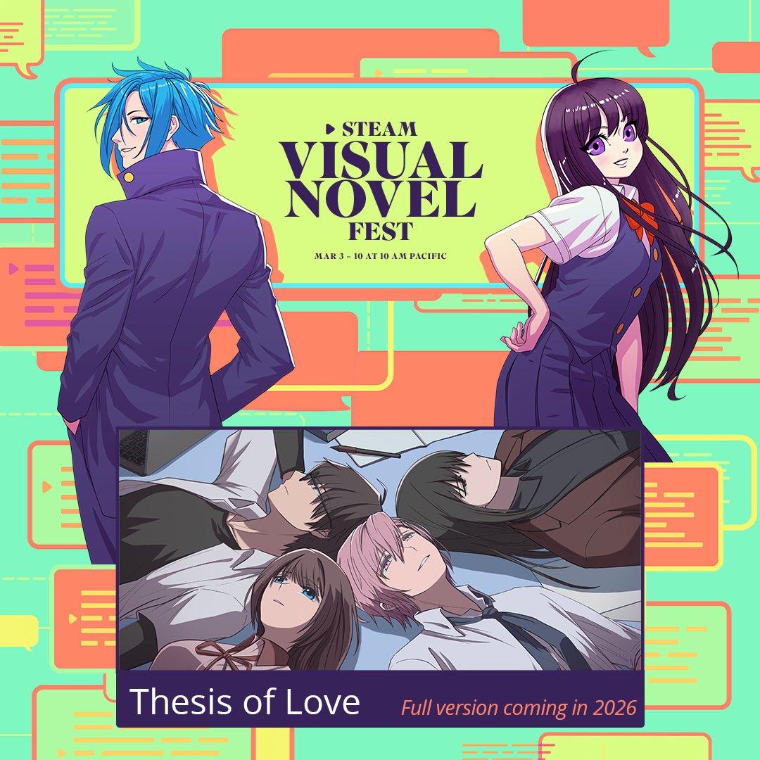 ThunderBanana0's tweet image. Try my adult Otome game, Thesis of Love demo at Steam Visual Novel Fest! The demo has 4-8 hr gameplay and 3 endings. It’s SFW. The full version will come in 2026 with a NSFW dlc. Pls wishlist if you enjoy it🙏🙏
store.steampowered.com/app/2110150/Th…
#thesisoflove #VisualNovelFest