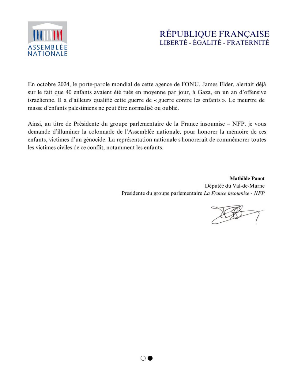 Mathilde Panot (@mathildepanot) on Twitter photo Le 26 février dernier, l'Assemblée nationale a été illuminée en orange en hommage aux enfants Bibas.
Parce que toutes les vies se valent, je demande au nom du groupe insoumis à <a href="/YaelBRAUNPIVET/">Yaël Braun-Pivet</a> que l’Assemblée s’illumine pour les 14.770 enfants palestiniens tués par l'armée Le 26 février dernier, l'Assemblée nationale a été illuminée en orange en hommage aux enfants Bibas.
Parce que toutes les vies se valent, je demande au nom du groupe insoumis à <a href="/YaelBRAUNPIVET/">Yaël Braun-Pivet</a> que l’Assemblée s’illumine pour les 14.770 enfants palestiniens tués par l'armée