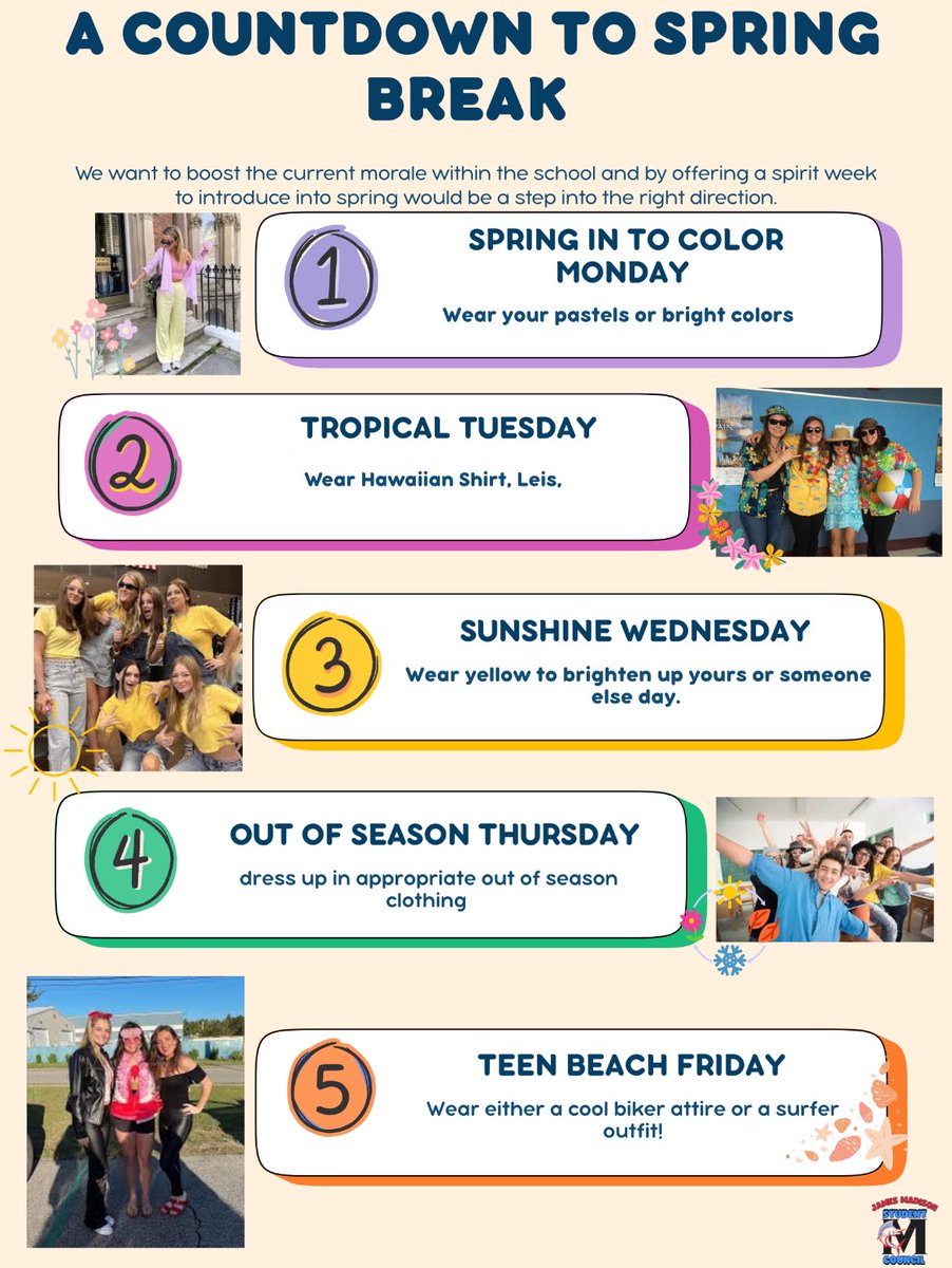 Attention Marlins!! We are leading into SPRING BREAK next week! We have dress down days by theme each day for this week! Let’s make this week bright 🤩☀️ If you do not want to participate, you need to be in dress code.