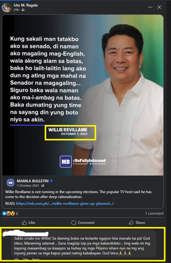 The pang-unawa is good, but the attention to details is bad. Nagsabi pa ng bobotante pero di tiningnan detalye kung kailan ito sinabi ni Willie.