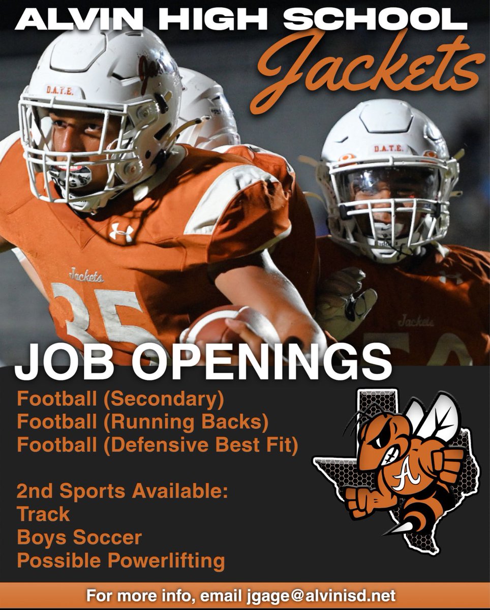 Coach James Gage (@djjg11) on Twitter photo <a href="/alvin_jacketfb/">Alvin Football</a> has 3 openings for the 2025-2026 school year. Teaching fields are fairly open right now. Having a CDL will get you to the top of the list!
<a href="/Matt_Stepp817/">Matt Stepp</a>
<a href="/padillapoll/">Carl Padilla</a>
<a href="/dctf/">Dave Campbell's Texas Football — TexasFootball.com</a>
<a href="/THSCAcoaches/">THSCA</a>
#JPND <a href="/alvin_jacketfb/">Alvin Football</a> has 3 openings for the 2025-2026 school year. Teaching fields are fairly open right now. Having a CDL will get you to the top of the list!
<a href="/Matt_Stepp817/">Matt Stepp</a>
<a href="/padillapoll/">Carl Padilla</a>
<a href="/dctf/">Dave Campbell's Texas Football — TexasFootball.com</a>
<a href="/THSCAcoaches/">THSCA</a>
#JPND