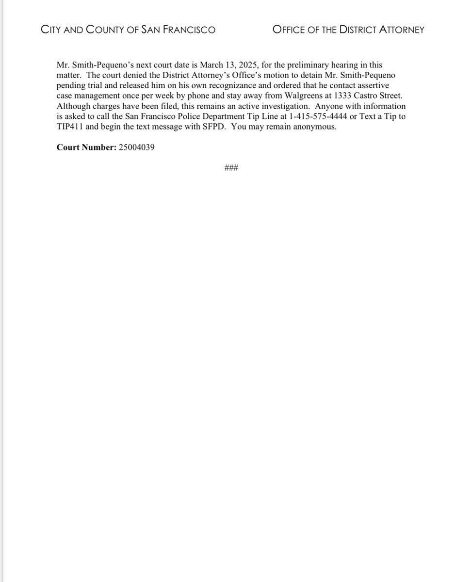 1/ Today, DA <a href="/BrookeJenkinsSF/">Brooke Jenkins 謝安宜</a> announced that Marcos Smith-Pequeno of Pittsburg, has been charged in connection to multiple organized retail theft incidents at a Walgreens in Noe Valley.

Mr. Smith-Pequeno was arraigned on February 28, 2025, and pleaded not guilty to all charges.