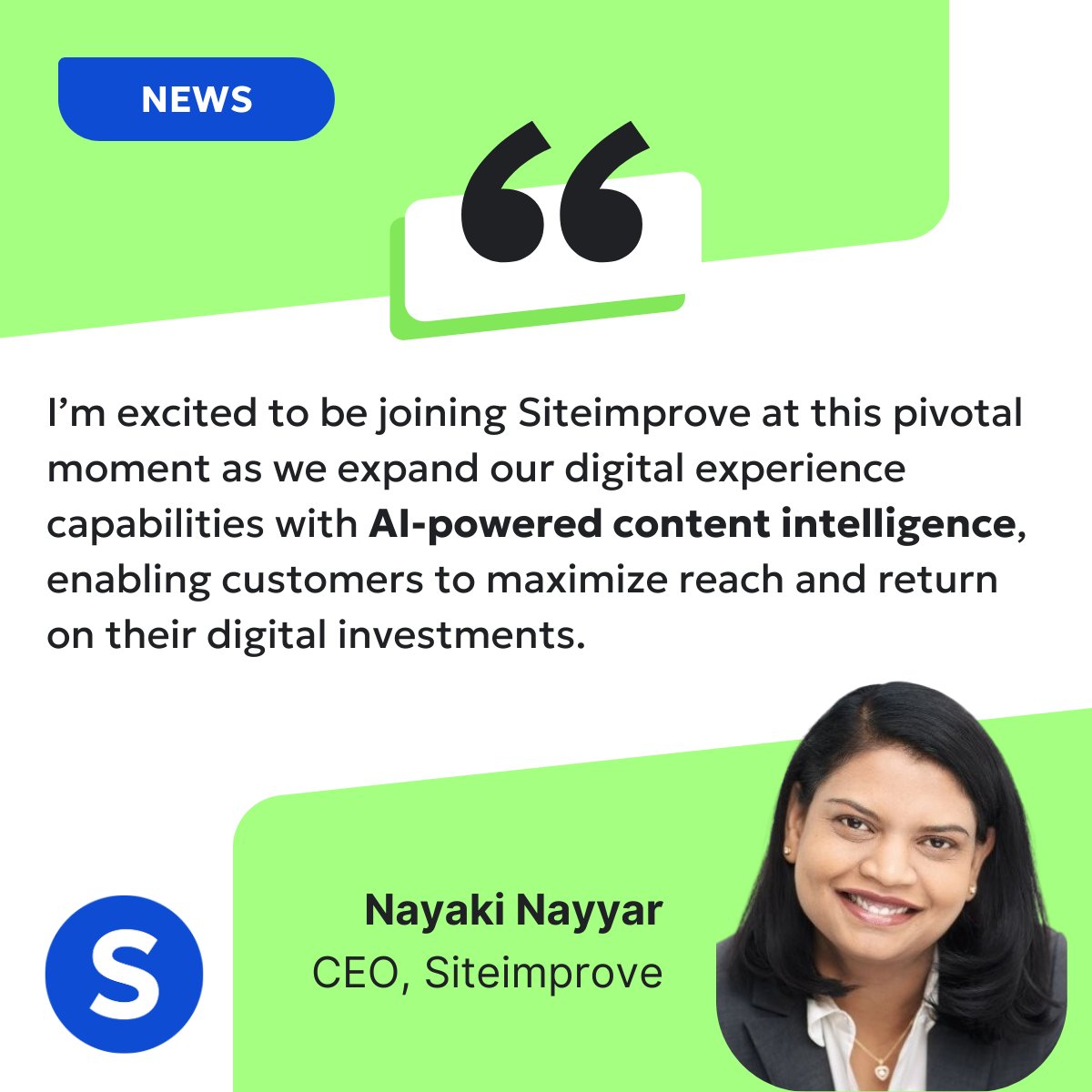 We’re thrilled to welcome Nayaki Nayyar as the new CEO of <a href="/Siteimprove/">Siteimprove</a> 🎉

A seasoned leader with 25+ years of experience transforming enterprise software companies, Nayaki joins Siteimprove at a "pivotal moment as we expand our digital experience capabilities with AI-powered