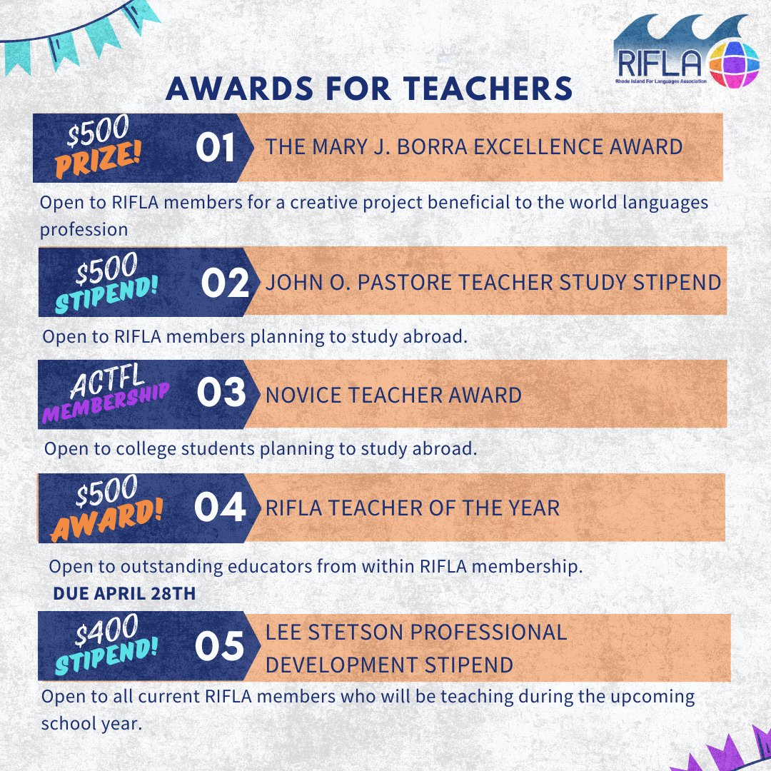 📷 RIFLA Teacher Awards – Honoring Excellence in Language Education!
📷 Deadline: March 28, 2025
(unless otherwise noted)
Nominate yourself or a colleague at rifla.org/awards
#RIFLA #WorldLanguageTeachers #TeacherAwards #ExcellenceInEducation #LanguageMatters