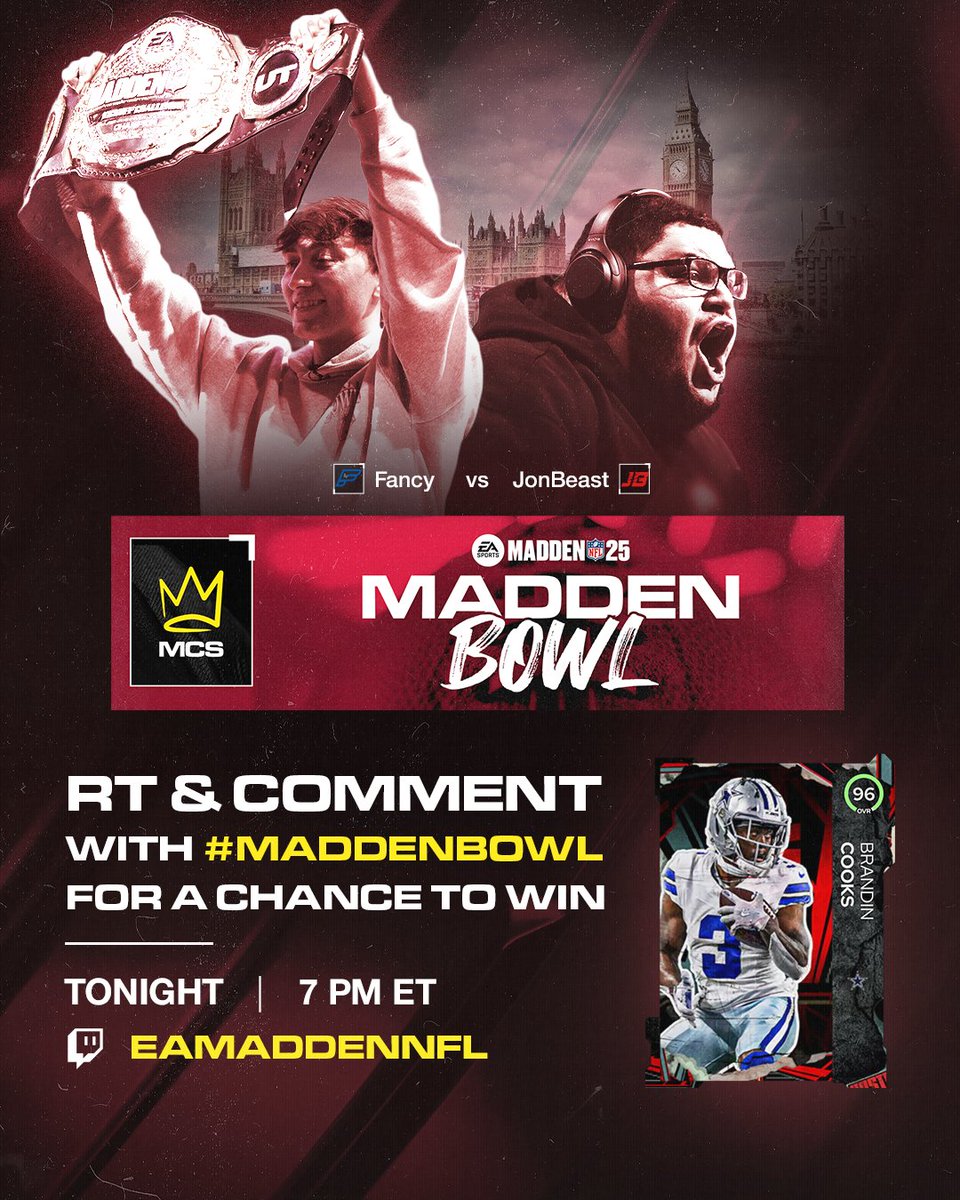 #MaddenBowl IS ON RIGHT NOW!!!  JonBeast vs Fancy.....who's taking home the 250k prize? 

RT &amp; Comment with #MaddenBowl for a chance to win 96OVR Roster Revolution Brandon Cooks!  Make sure to tune in to the broadcast on: twitch.tv/eamaddennfl