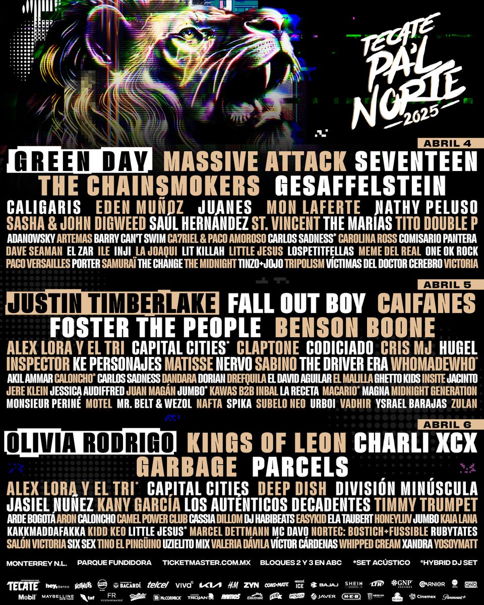 The Insiders Collective (@theinsidersco) on Twitter photo ¡Así quedó el Line Up oficial del <a href="/TecatePalNorte/">Tecate Pal Norte</a> 2025! 🦁💥
📍Abril 4,5 y 6 en Monterrey, Nuevo León
🎟️ Entradas en <a href="/Ticketmaster_Me/">Ticketmaster México</a>
#TecatePalNorte ¡Así quedó el Line Up oficial del <a href="/TecatePalNorte/">Tecate Pal Norte</a> 2025! 🦁💥
📍Abril 4,5 y 6 en Monterrey, Nuevo León
🎟️ Entradas en <a href="/Ticketmaster_Me/">Ticketmaster México</a>
#TecatePalNorte
