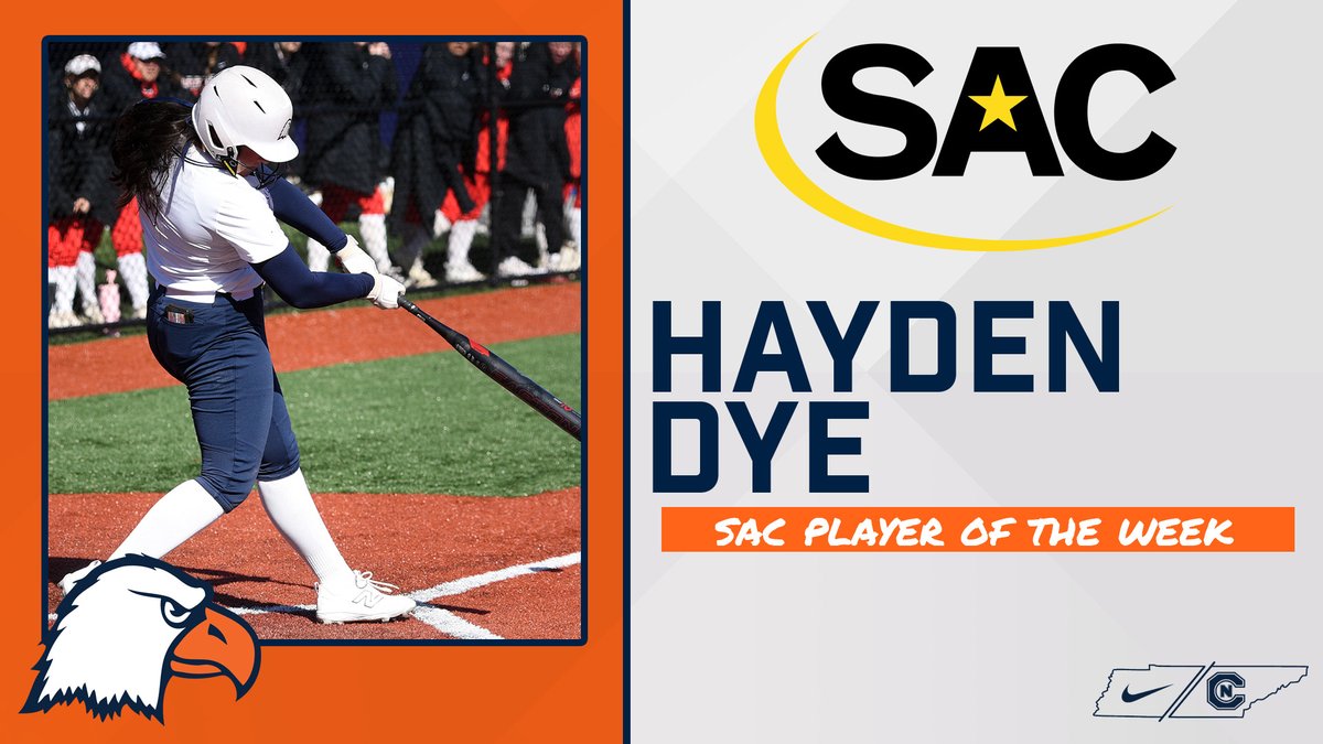 Carson-Newman Athletics (@cn_eagles) on Twitter photo 🔥11-of-14 (.785) at the plate
🔥Nine RBIs
🔥Four dubs
<a href="/haydendye4/">hayden dye</a>'s monstrous four-game stretch tabs her as the SAC Player of the Week👏⤵️
📰cneagles.com/x/7t061
<a href="/cnsball/">Carson-Newman Softball</a> x #TalonsUp🦅 🔥11-of-14 (.785) at the plate
🔥Nine RBIs
🔥Four dubs
<a href="/haydendye4/">hayden dye</a>'s monstrous four-game stretch tabs her as the SAC Player of the Week👏⤵️
📰cneagles.com/x/7t061
<a href="/cnsball/">Carson-Newman Softball</a> x #TalonsUp🦅
