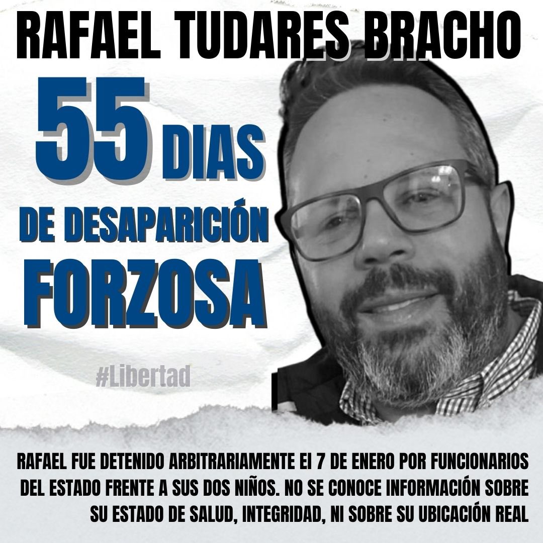 A 55 días del secuestro y desaparición forzada de mi esposo Rafael Tudares Bracho, ejecutado por funcionarios del Estado,se mantiene su cruel situación de desaparición forzada. Por todas las vías pregunto: ¿dónde está Rafael? Las autoridades me niegan su ubicación y paradero real