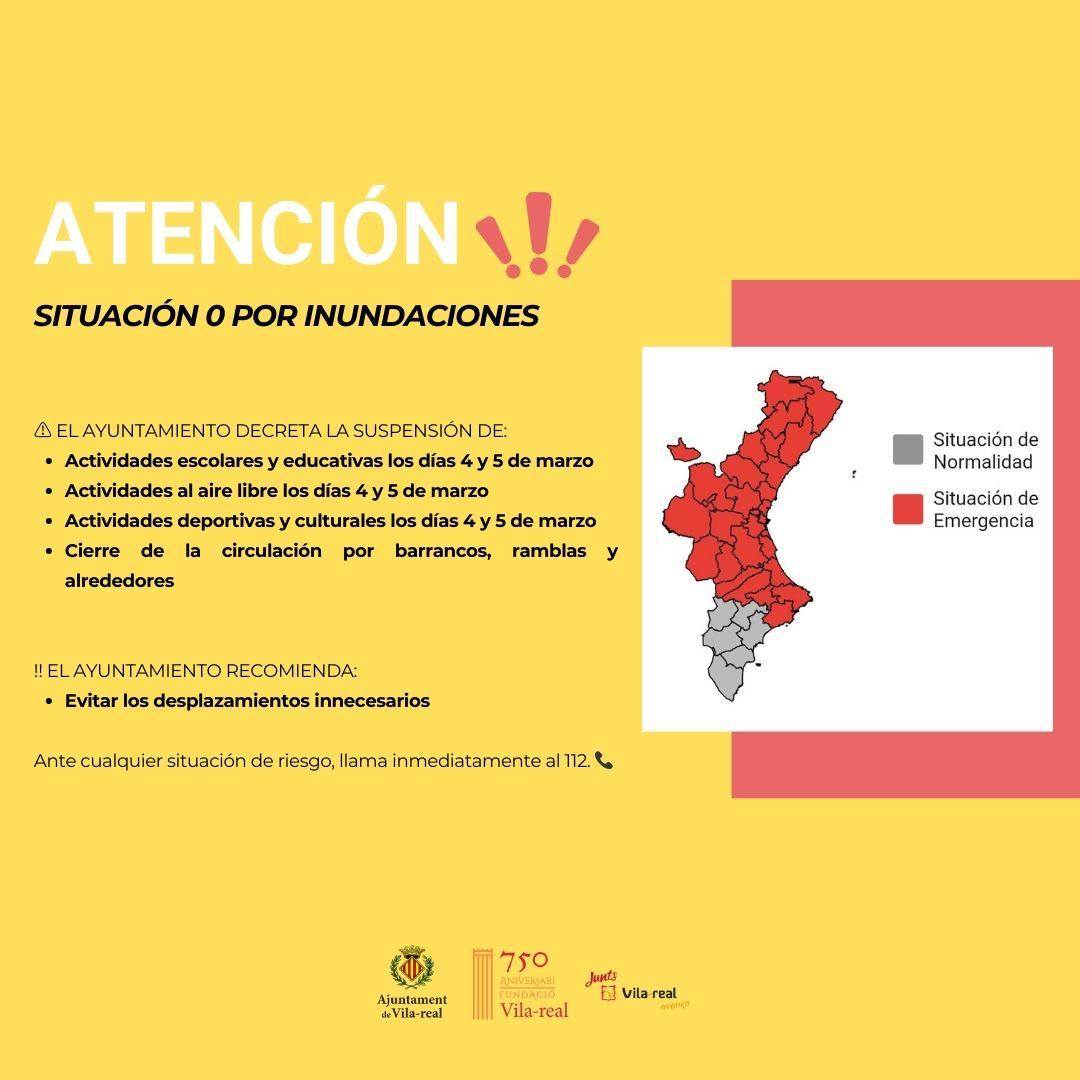 ⚠️ Vila-real suspén les classes els dies 4 i 5 de març davant la situació d'emergència 0 per inundacions

També se suspenen activitats culturals i esportives així com les activitats a l’aire lliure i es tanca la circulació per barrancs i rambles

📞En cas de perill, avisa al 112