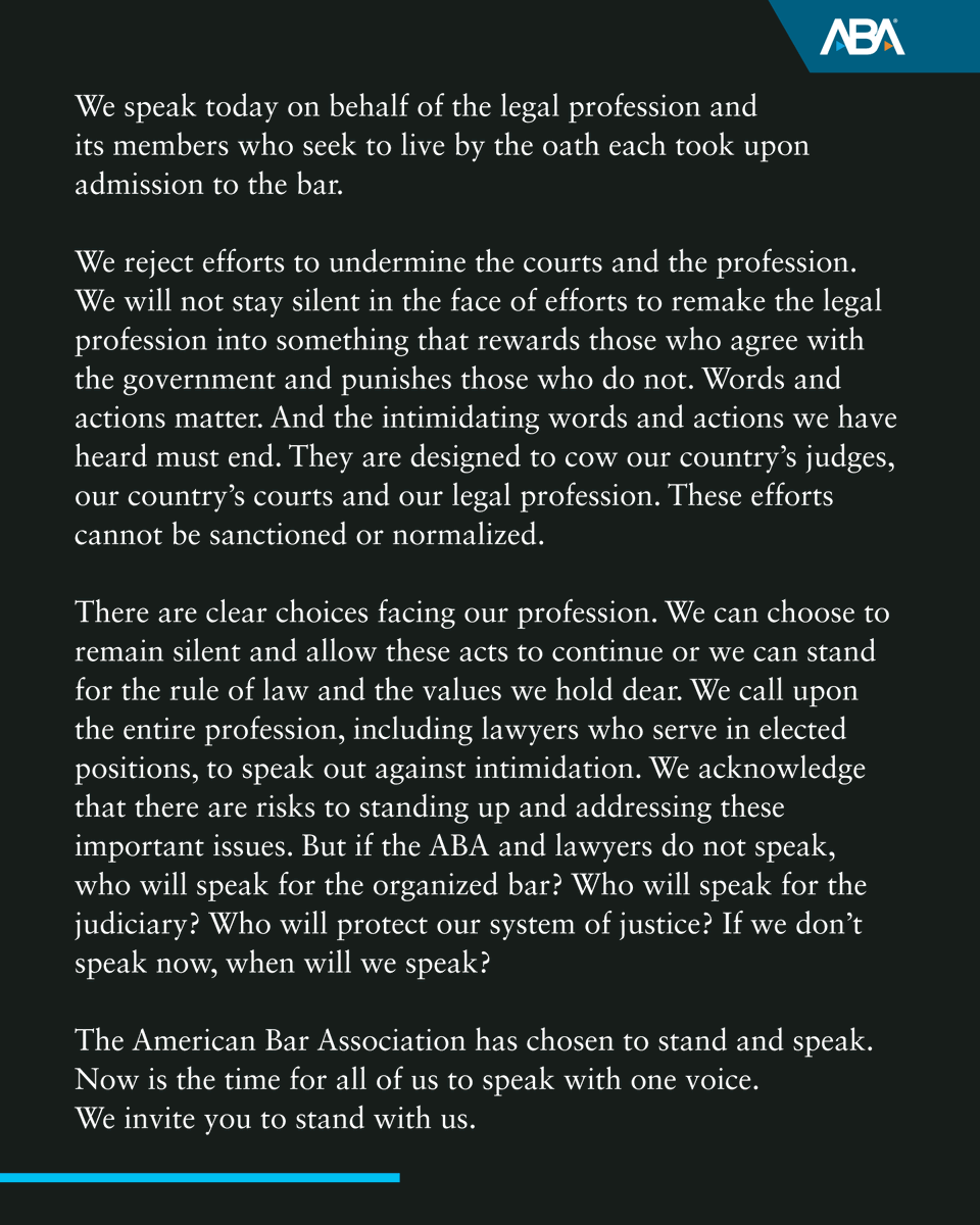 The ABA rejects efforts to undermine the courts and the legal profession. Read full message: ambar.org/nqzj0svj