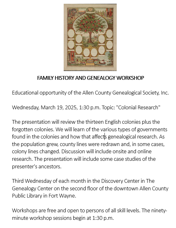 ACGSI's tweet photo. Wednesday, March 19, 2025, 1:30 p.m. Topic: "Colonial Research" - in person.
The presentation will review the thirteen English colonies plus the forgotten colonies. We will learn of the various types of governments found in the colonies and how that affects genealogical research. https://t.co/NzfWjMJQew