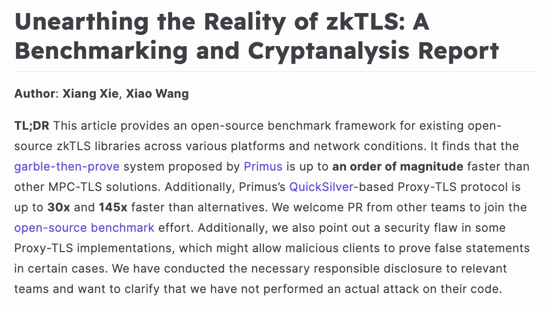 With <a href="/wangxiao1254/">Xiao Wang</a> <a href="/primus_labs/">Primus Labs</a> , we’ve released a benchmark framework and report for open-source zkTLS libraries. The results explains why QuickSilver is the choice for zkTLS solutions. In addition, we also identify security issues in some implementations. 👇👇