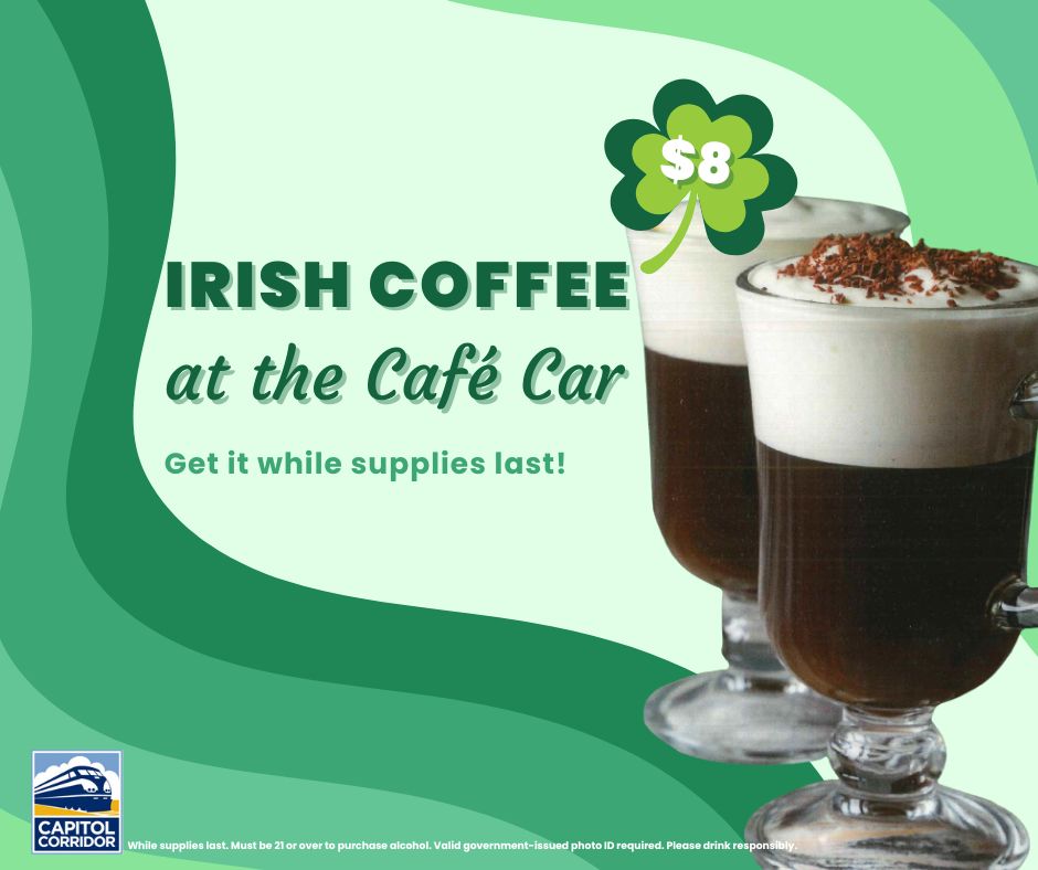 We're feeling lucky to share our March Café Car special! 🍀 Enjoy an Irish Coffee with Jameson Irish Whiskey for $8 now through the end of the month.