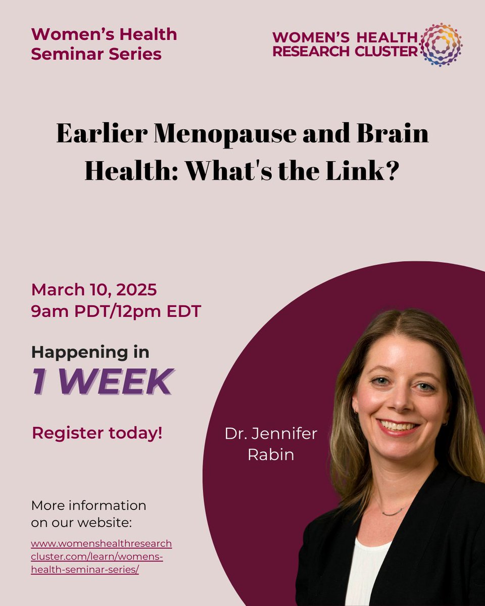 Women's Health Research Cluster (@researchonwh) on Twitter photo Join us for our next #WHSS talk by <a href="/jsrabin1/">Jennifer Rabin, PhD</a> on how menopause, genetics, and lifestyle factors contribute to #AlzheimersDisease risk in women—and what that means for prevention strategies 🔬🧠
⏰ Register for this free, virtual talk: womenshealthresearchcluster.com/registration/ Join us for our next #WHSS talk by <a href="/jsrabin1/">Jennifer Rabin, PhD</a> on how menopause, genetics, and lifestyle factors contribute to #AlzheimersDisease risk in women—and what that means for prevention strategies 🔬🧠
⏰ Register for this free, virtual talk: womenshealthresearchcluster.com/registration/
