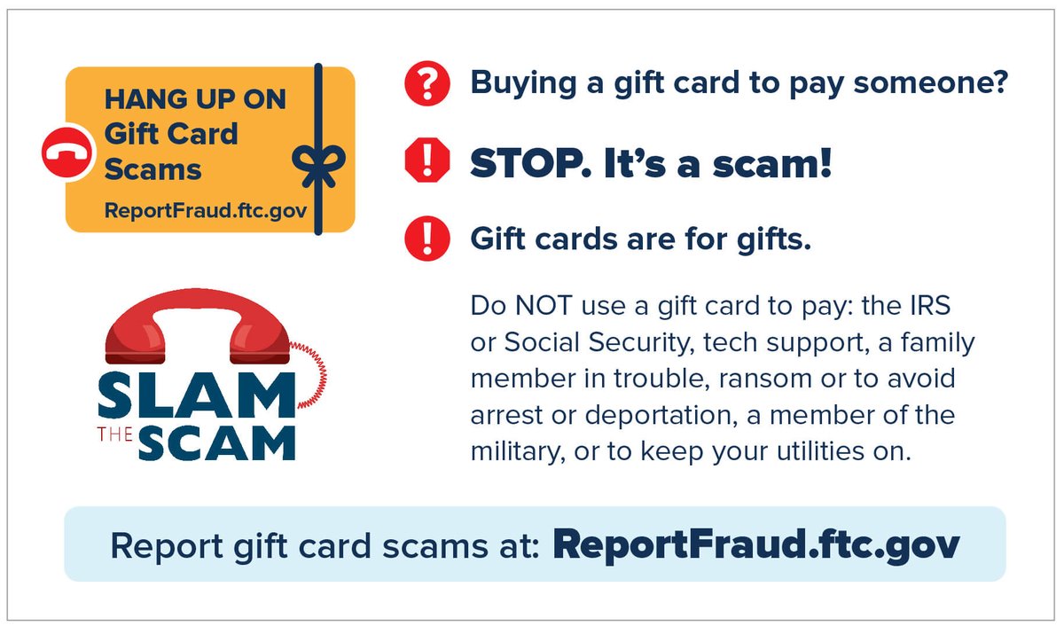 This week is National Consumer Protection Week, and we'll take any excuse to remind you that scammers are getting more savvy. If you receive a call, text, email or social media message asking for gift cards as a form of payment, stop responding. It is most likely a scam!