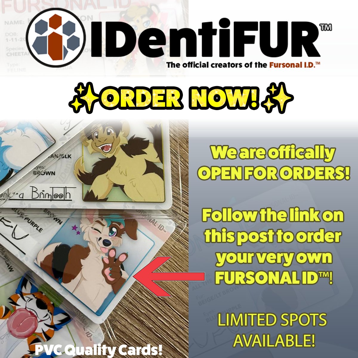 ✨WE ARE OPEN FOR ORDERS!✨

📷 Order your very own Fursonal ID® with all the information you need to show off your Fursona!

BUY YOURS HERE:
identifur.wufoo.com/forms/fursonal…
identifur.wufoo.com/forms/fursonal…
identifur.wufoo.com/forms/fursonal…