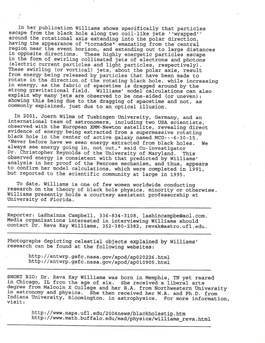 RevaKayAstro's tweet image. Press Release from the archives: Black Female Scientist Proves Theory on Black Holes. Give credit where credit is due. 😊

Please Retweet.

#AmericanHistory #BlackTwitter #Astrophysicists #Astrophysics #Astronomy #BlackHistory #Quasars #QuasarScience #BlackHoles #BlacksInSTEM…