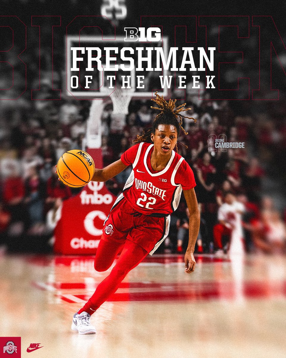 B1G time play from the B1G Freshman of the Week 🌰

Congrats to Freshman Guard Jaloni Cambridge on winning her 4th B1G Freshman of The Week 🏆

📝 go.osu.edu/jcb1gfotw4

#GoBucks
