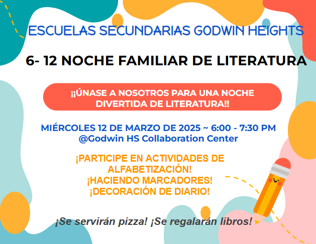GodwinSchools's tweet photo. Come join us for our upcoming 6-12 Family Literacy Night!
It will take place Wednesday, March 12 from 6:00pm – 7:30pm in the High School Collaboration Center.

Families can participate in a variety of engaging activities and games!

Pizza will be served! Books will be given away! https://t.co/rLailqkFFu