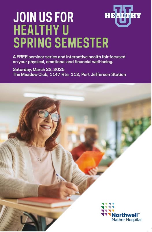 matherhospital's tweet image. FREE HealthyU Spring Semester! 6 health seminars &amp;amp; health fair. Sat, March 22, 8:30am-1pm at The Meadow Club, Port Jefferson Station. Register: matherhospital.org/healthyU

 #HealthyU #HealthFair #FreeSeminar #PortJefferson #HealthAndWellness