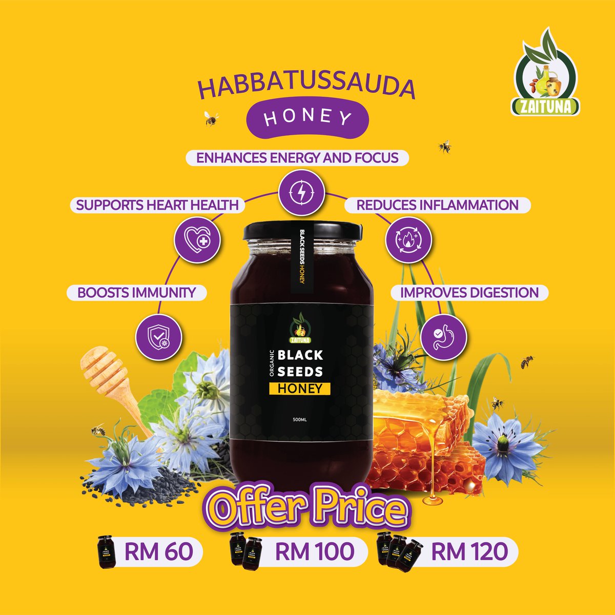 EidArtworks's tweet photo. I started designing a #Blackseed #Honey #sticker for Zaituna Restaurant, then turned it into a vibrant #MotionGraphics ! I used purple, yellow, black, and green to reflect the product's quality.

Do you think color choices influence purchase decisions? 🤔💛💜

#Design #animation https://t.co/KDbA23tyWH