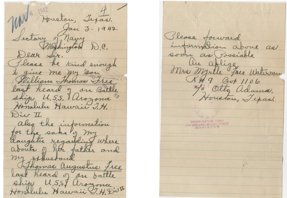 Mrs. Myrtle Free Waterman sent this letter to the Navy a month after the USS Arizona was bombed, asking for the status of her son and ex-husband.  Unfortunately, both men were lost during the attack on Pearl Harbor. #ArchivesHandwriting #ArchivesHashtagParty