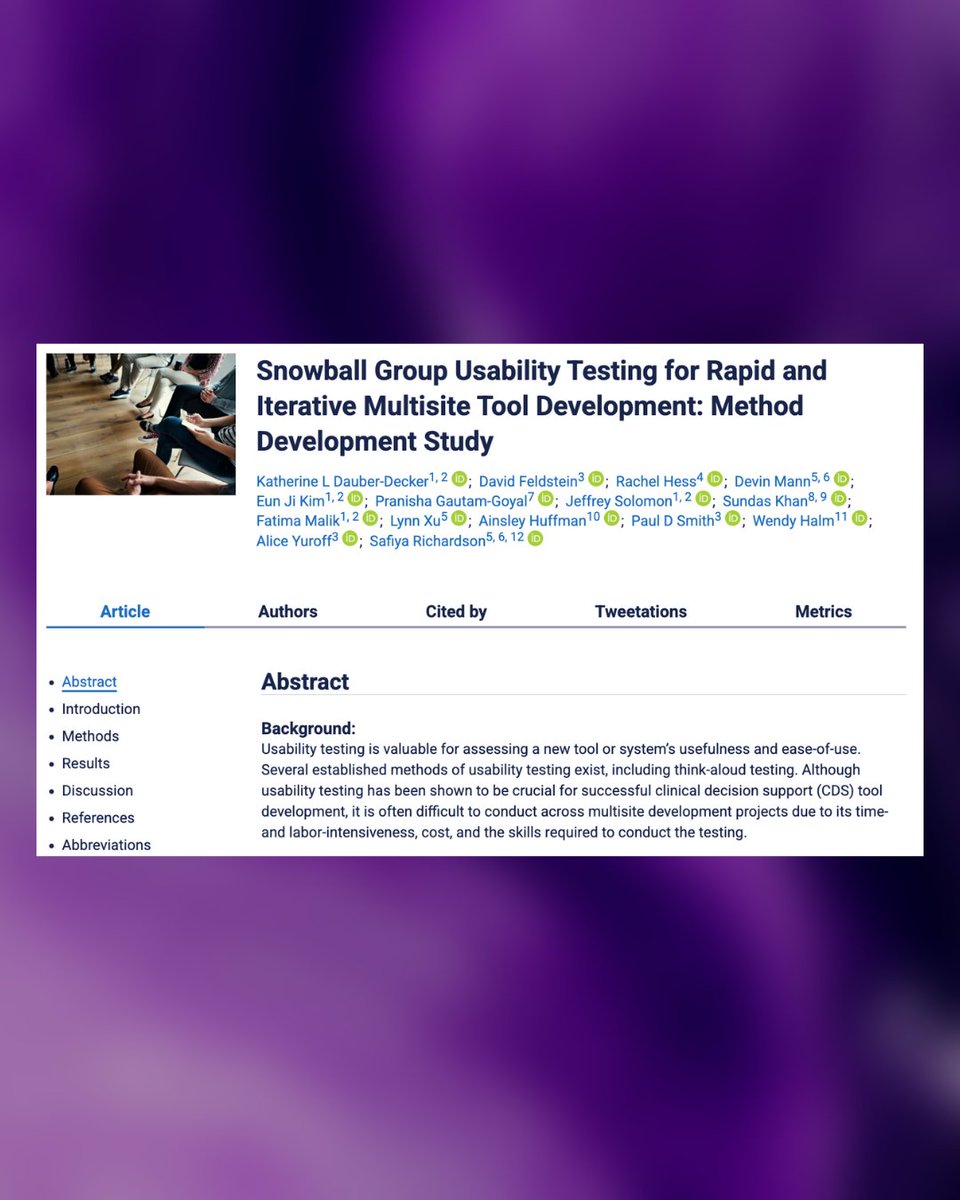 🚀 Exciting news! Our latest publication on Snowball Group Usability Testing for rapid, iterative multisite tool development is out now! 🧑‍💻🔍

📖 Read more: pubmed.ncbi.nlm.nih.gov/39964400/