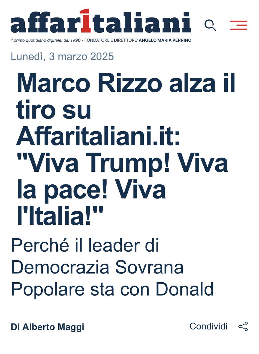 MarcoRizzoDSP's tweet image. &quot;Trump sta disarticolando il blocco occidentale del totalitarismo globalista&quot;
Lo ricordo agli “antagonisti”al sistema, come Giorgio Bianchi o Alessandro Di Battista. Chi non lo capisce è un idiota o un nemico. Viva Trump! Viva la pace! Viva l&apos;Italia!&quot;, conclude Rizzo.